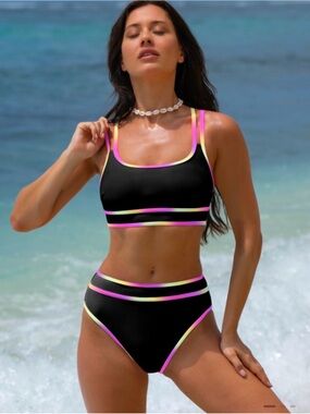 NWT Popvil Black High-Waist Striped Bikini Set - Neon Trim